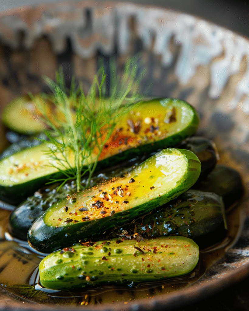 Finished sour cucumber pickles served and ready to eat