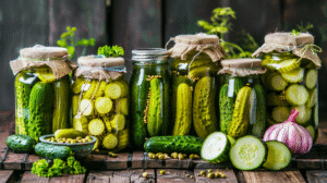 Sour cucumber pickles in glass jars on wooden table